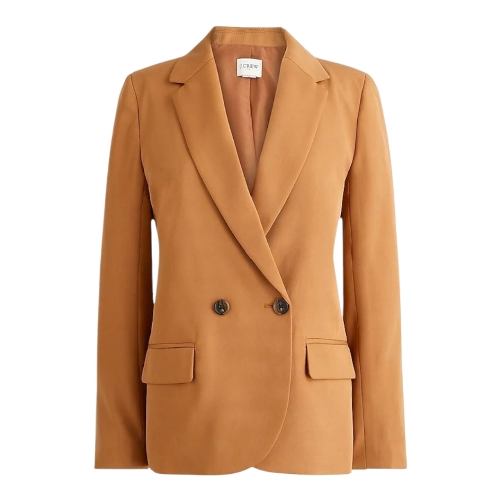 J Crew Tan Camel Drapey Twill Double-Breasted Blazer Size 2 Fall 24 Tencel $218